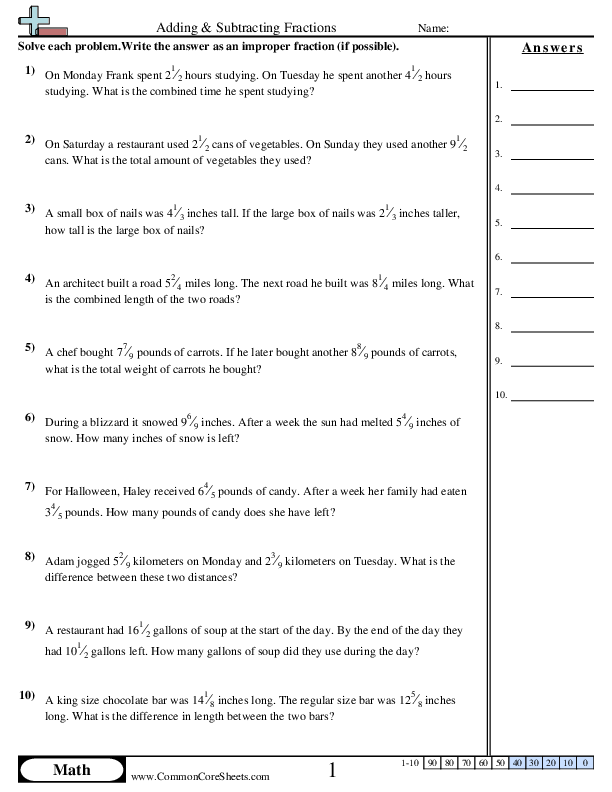 4.nf.3d Worksheets - Word Problems Same Denominator worksheet